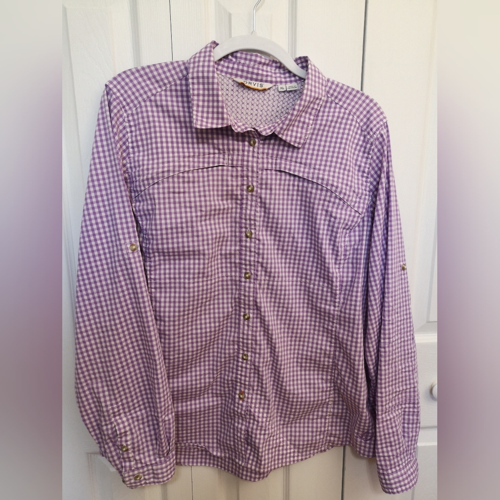 Orvis Women's Size XL River Guide Long-Sleeve Shirt Lavender ans White Checker